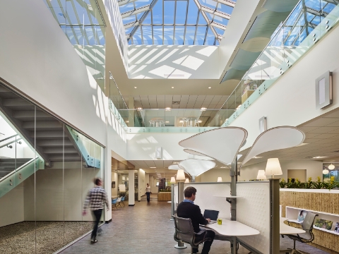 Company employees inside of an office with a staggered layout. 