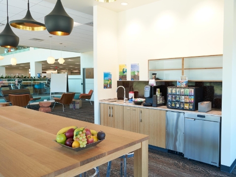 An employee break room sits just outside the main office area. An employee break room sits just outside the main office area.