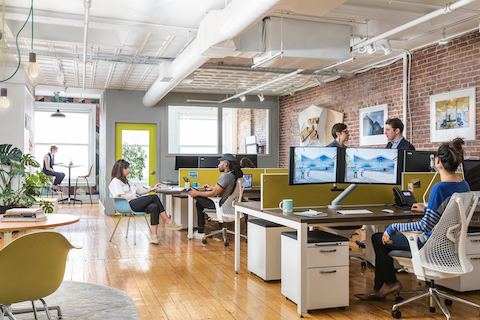 Office employees work and converse in an open, collaborative space. 