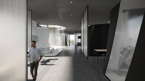 Interior view two of futuristic workplace from design firm SLAB.