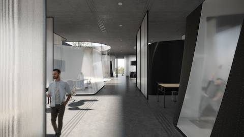 Interior view two of futuristic workplace from design firm SLAB. Interior view two of futuristic workplace from design firm SLAB.