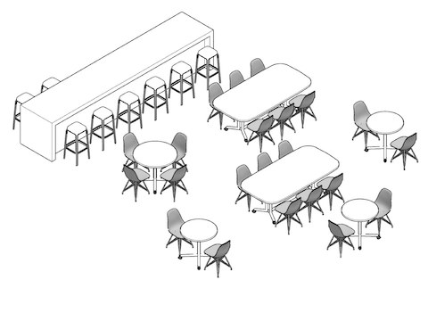 A line drawing of the break room showing the chairs, tables, and long bar next to options for dowloading plans of the space.