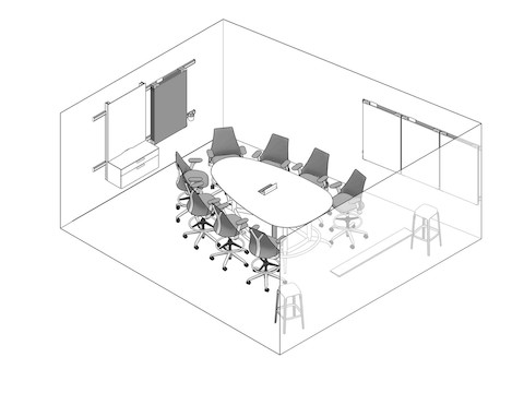 A line drawing of a conference room with tables, stools, and a monitor next to options for downloading plans of the space.