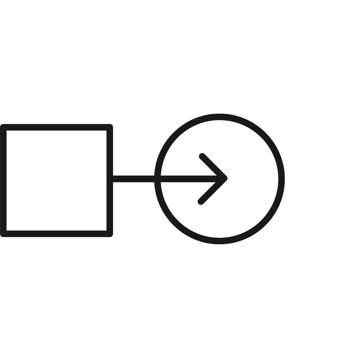 A black line drawing of a square attached to an arrow pointing to circle to represent navigating change.