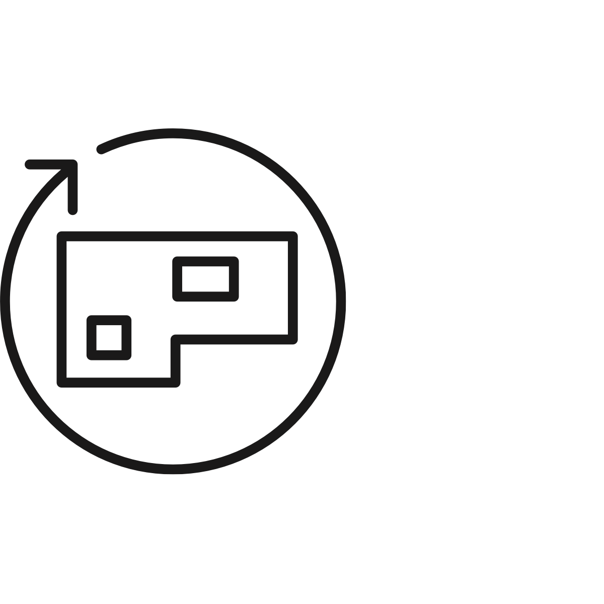 A black line drawing of a circle surrounding a floorplan representing a space changing over time.