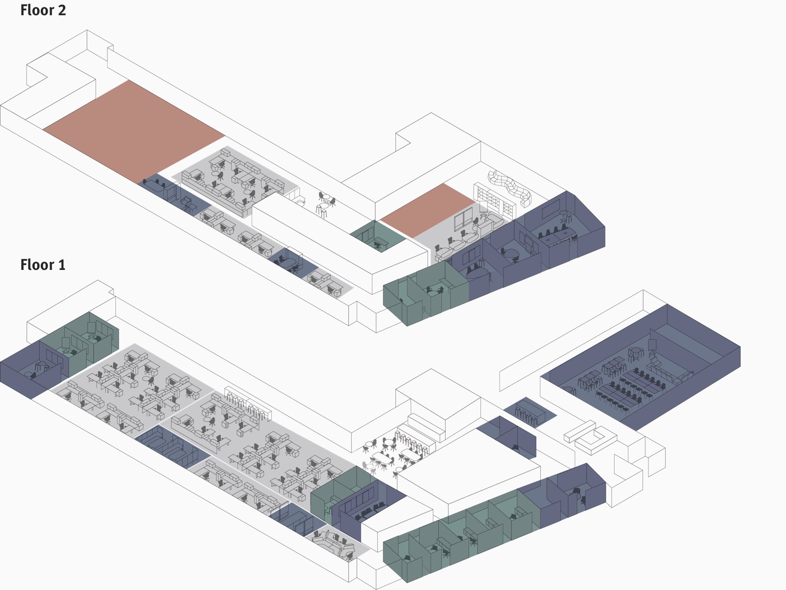 An illustrated floorplan of TDC's first and second floors with multi-colored boxes to represent the variety of settings.