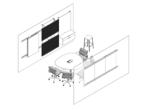 A line drawing of a meeting room with tables, chairs, and monitor next to options for downloading the files.