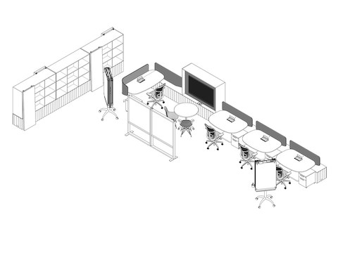 A line drawing of the open workspace that includes desks, chairs, bookshelves, and partitions, next to options for downloading plans.