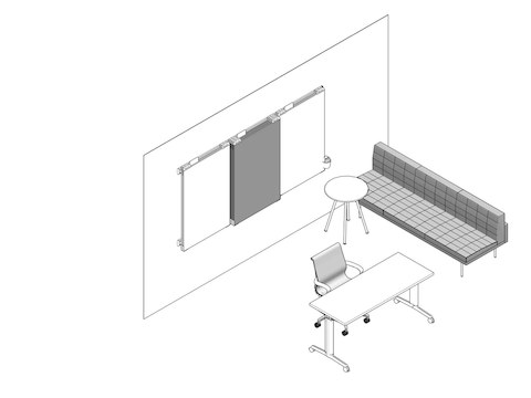 A line drawing of the private office including the desk, chairs, sofa, and whiteboards next to options for downloading the plans.