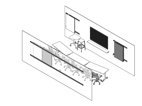 A line drawing of the training room showing the tables, chairs, monitors and tackboards next to options for downloading plans of the spaces.