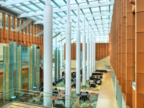 The view from a balcony above the soaring Davidson Winter Garden inside the Ross Building.