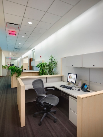 An ash veneer workstation containing an Aeron Chair within the Ross Building.