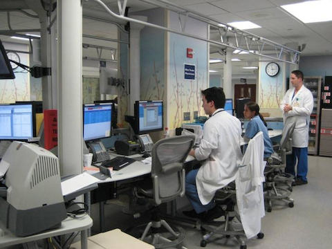 Hospital physicians examine data on their computers, while seated in Aeron chairs. 