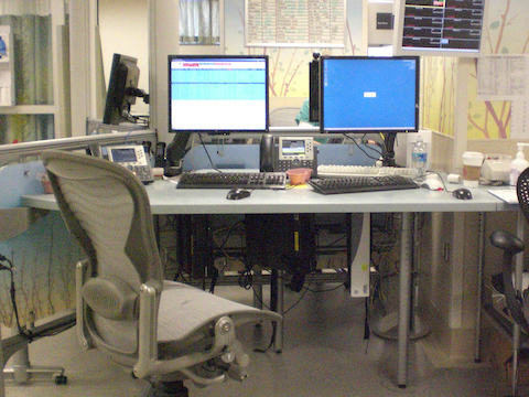 An empty Aeron chair sits behind a desk inside the ER at Washington Hospital Center.