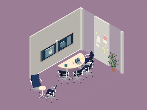 An illustration of a small collaboration area featuring a semicircular table, blue Setu office chairs, and wall-mounted screens.