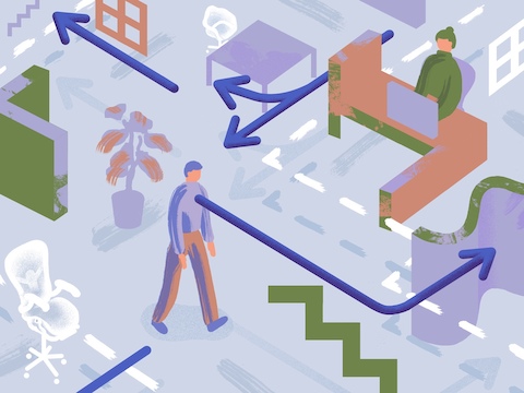 An illustration of a person following arrows through an office conveys the idea that oganizations can improve spatial legibility by implying space, or giving the illusion of space without physically demarcating it. An illustration of a person following arrows through an office conveys the idea that oganizations can improve spatial legibility by implying space, or giving the illusion of space without physically demarcating it.