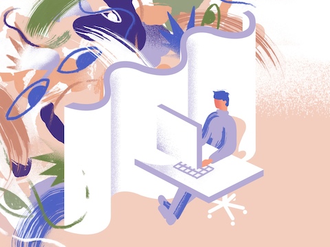 Ilustração de uma pessoa sentada na frente de um computador com uma divisória perto dela mostra que a Herman Miller possui uma variedade de soluções que oferecem diferentes níveis de privacidade em um escritório aberto.