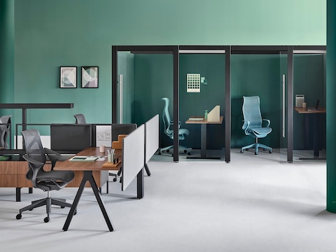Two enclosed Overlay rooms with a height-adjustable desk and chair in each placed in the background. A Canvas workstation is in the foreground.