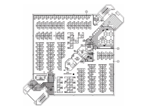 Ein Diagramm, das ein gängiges Beispiel für ein lineares Büro-Layout darstellt.