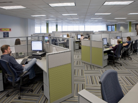 Office employees work while seated in cubicles with extended walls for increased privacy. Office employees work while seated in cubicles with extended walls for increased privacy.