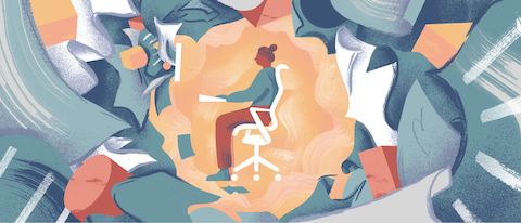 A woman sitting on a graphic of a Cosm chair in an abstract bubble surrounding by the abstract images of stress. A woman sitting on a graphic of a Cosm chair in an abstract bubble surrounding by the abstract images of stress.