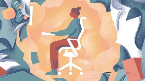 Eine Frau sitzt auf einer Zeichnung eines Cosm Stuhls in einer abstrakten Blase, umgeben von abstrakten Bildern, die Stress repräsentieren.