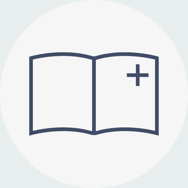 Graphic icon of an open book with a healthcare symbol to represent healthcare knowledge.