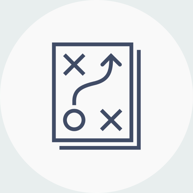 Graphic icon of a page with offensive and defensive symbols and an arrow on a path to represent preparation planning.