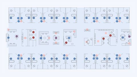 An illustrated plan view of a hospital patient room floor with colored dots highlighting different locations. An illustrated plan view of a hospital patient room floor with colored dots highlighting different locations.