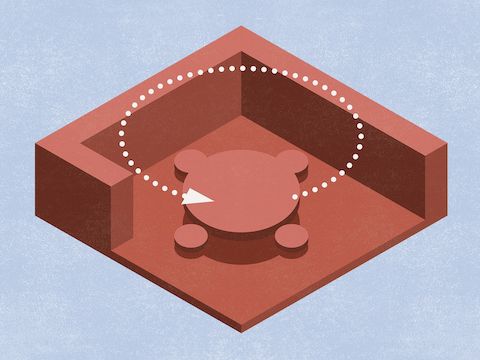 An abstract illustration of a dotted line with an arrow floating above a care team meeting space, representing human-scaled work areas. An abstract illustration of a dotted line with an arrow floating above a care team meeting space, representing human-scaled work areas.