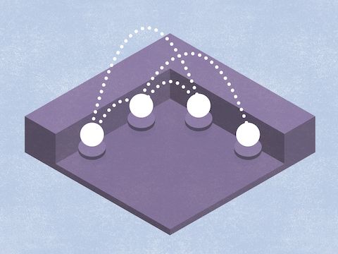 An abstract illustration of dotted lines arcing above seats in a care team work area, representing neutral zones. An abstract illustration of dotted lines arcing above seats in a care team work area, representing neutral zones.