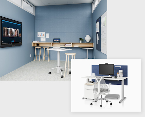 A large image shows a light blue haven space with a small table and stools, featuring the technology from Logitech. In an adjacent smaller image, you see a height-adjustable desk in white with a Sayl Chair in white and grey. Canvas Storage sits under the desk, and a panel behind the desk provides privacy.