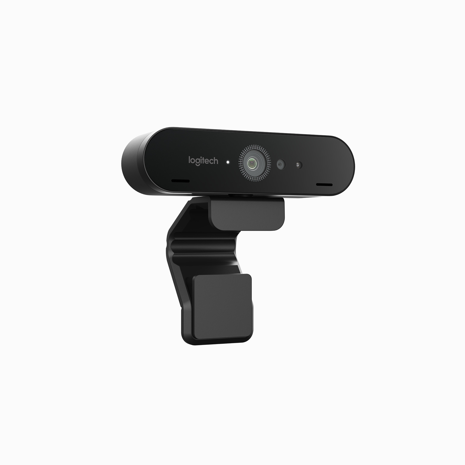 A Logitech Brio Webcam in black, viewed at an angle.