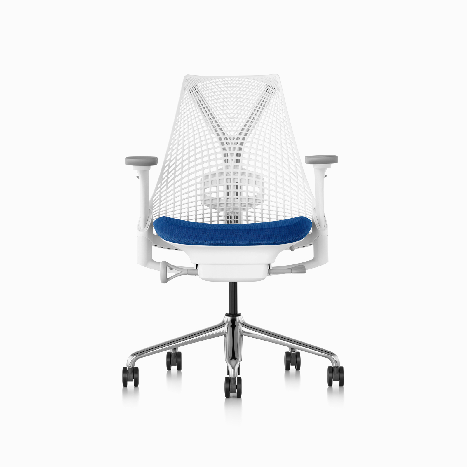A Sayl Chair in white and blue, viewed from the front.