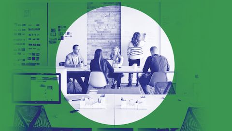 People meeting at a seated-height, rectangular conference table with a woman standing, drawing on a whiteboard. The image has been retouched to blue and has an green, transparent graphic overlay with a circle in the middle. People meeting at a seated-height, rectangular conference table with a woman standing, drawing on a whiteboard. The image has been retouched to blue and has an green, transparent graphic overlay with a circle in the middle.