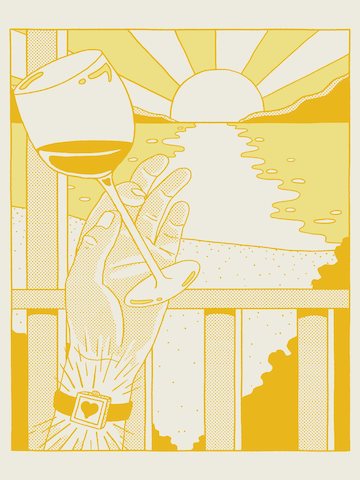 Illustration jaune d'une main tenant un verre de vin, avec, au poignet, une montre connectée dont l’écran affiche un cœur