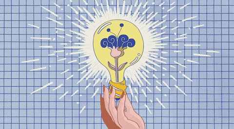 An illustration of a hand holding a yellow lightbulb with pink and purple flower growing on the inside