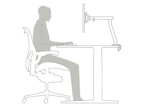 Ilustración con vista lateral de una persona sentada en una silla para oficinas ergonómica ante un escritorio de altura ajustable que demuestra cómo debería posicionar su monitor principal en ángulo recto frente al cuerpo y a la altura de los ojos.