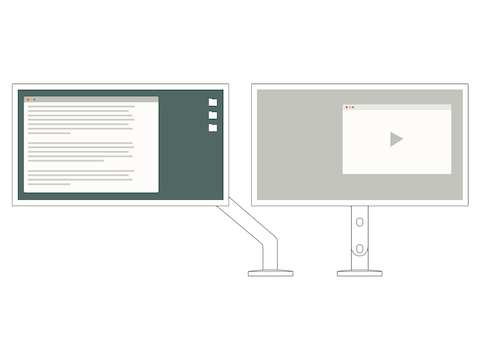A front-view illustration of side-by-side monitors demonstrates how you should designate one monitor as primary and use the second for reference. A front-view illustration of side-by-side monitors demonstrates how you should designate one monitor as primary and use the second for reference.