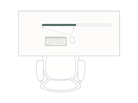 A top-view illustration of a desk, chair, keyboard, mouse and monitors demonstrates how you should orient your mouse towards the main screen.