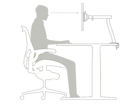 A side-view illustration of a person sitting in an office chair at a height-adjustable desk demonstrates how you should rest your forearms on the desk at a 90-degree angle.