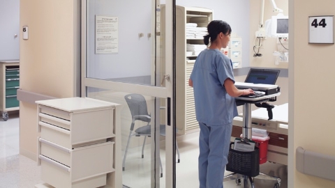 A nurse uses a Mobile Technology Cart in a patient room. Select to go to a white paper about lean management in healthcare. 