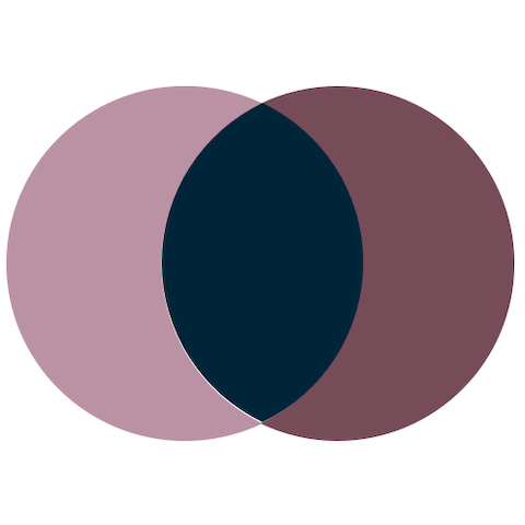 Two overlapping circles in maroon and light purple. Two overlapping circles in maroon and light purple.
