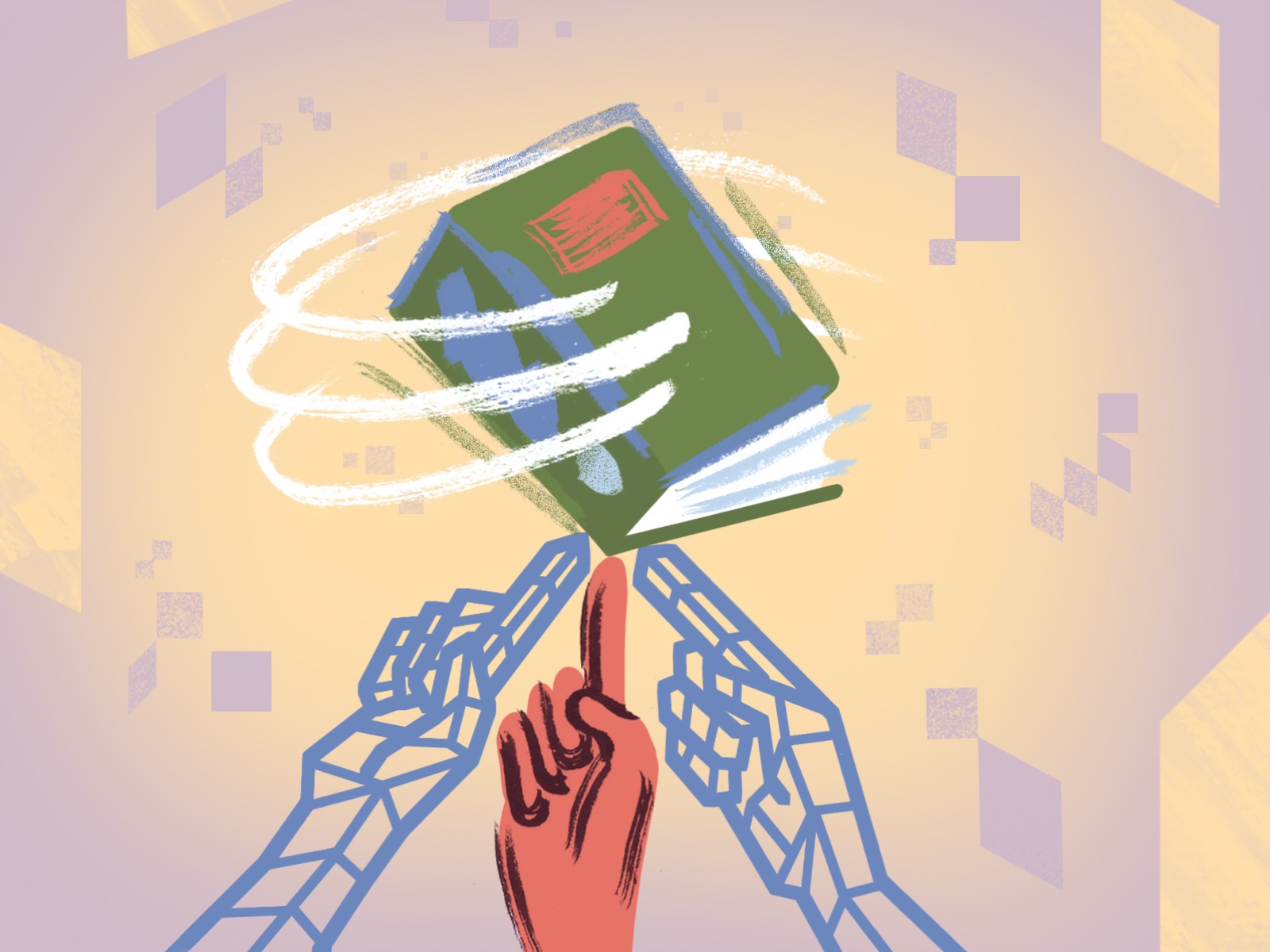 An abstract illustration of three fingers balancing a green book. 