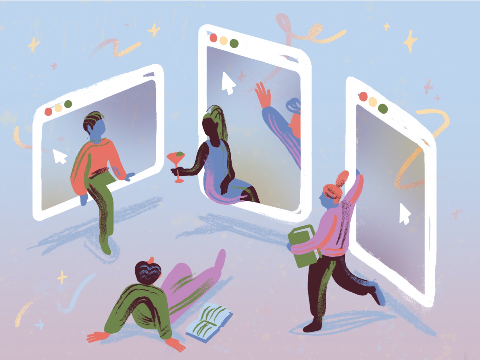 An abstract illustration of four people socializing and hanging out in the frames of their digital devices.