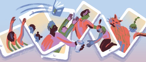 An abstract illustration of eight people and a cat connecting through various digital devices.