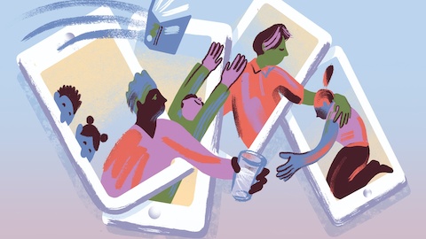 An abstract illustration of eight people and a cat connecting through various digital devices.