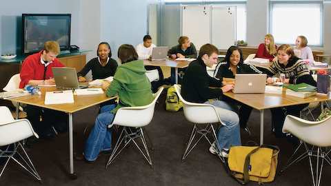 Um grupo de estudantes sentados em cadeiras Eames se reúne em torno de laptops enquanto estudam.