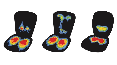 Thermal images showing three separate sets of pressure points in relation to a chair's surfaces. 