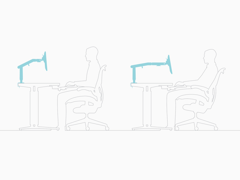 Adjustable monitor arms allow a user to maintain a comfortable viewing position whether sitting upright or reclined. Adjustable monitor arms allow a user to maintain a comfortable viewing position whether sitting upright or reclined.